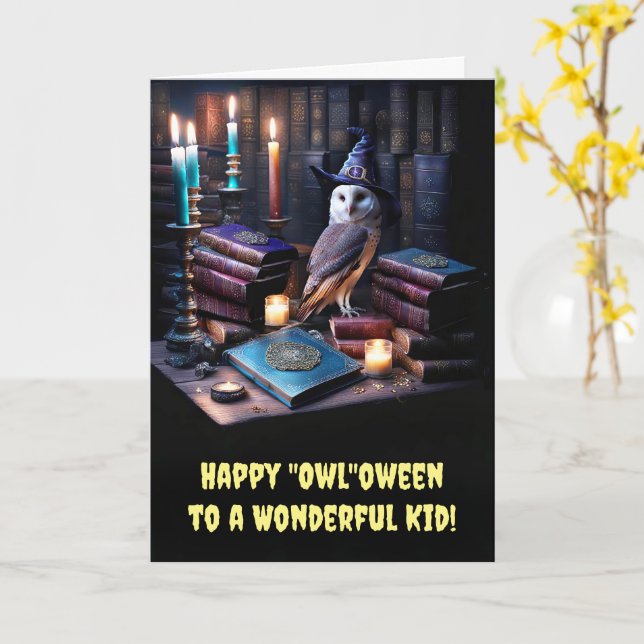 Kids Happy Halloween Magical Owl and Books Candles Card (Yellow Flower)
