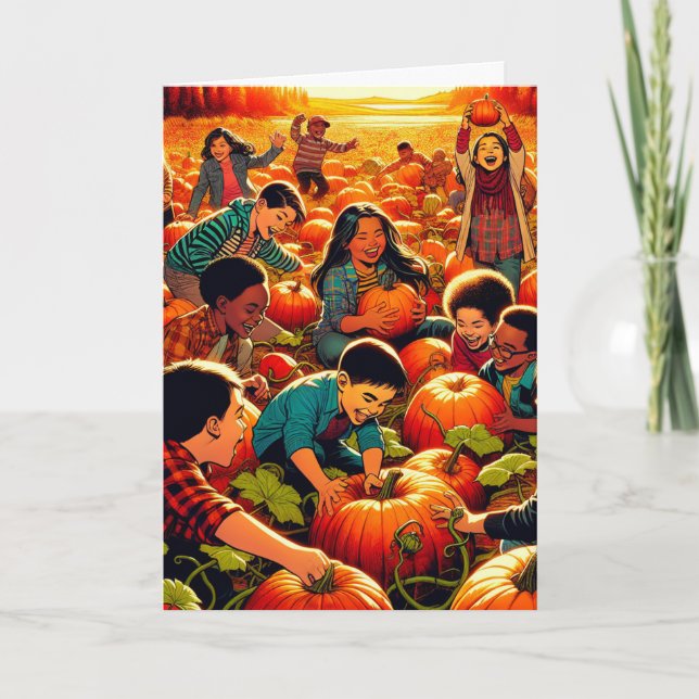Kids having Fun at the Pumpkin Patch Halloween Card (Front)