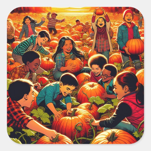 Kids having Fun at the Pumpkin Patch Halloween Square Sticker (Front)