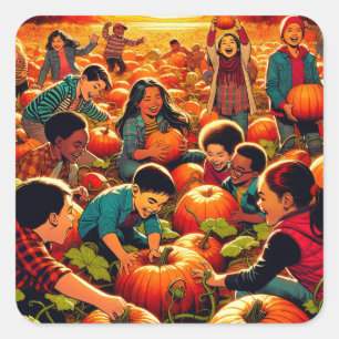 Kids having Fun at the Pumpkin Patch Halloween Square Sticker