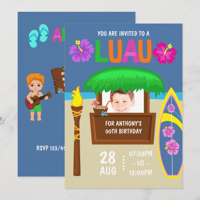 Kids Hawaiian Luau Party add photo Invitation (Front/Back)