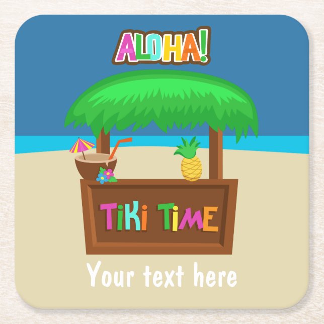 Kids Hawaiian Luau Party Personalised Square Paper Coaster (Front)
