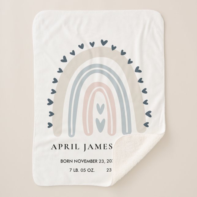 KIDS HEARTS BLUSH BLUE RAINBOW BABY BIRTH STATS SHERPA BLANKET (Front)