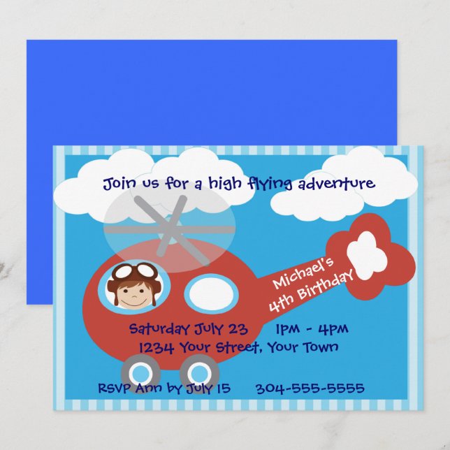 Kids Helicopter Birthday Party Invitation (Front/Back)