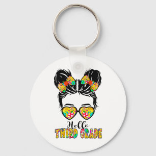 Kids Hello Third Grade Messy Bun Girls 3rd Grade C Key Ring