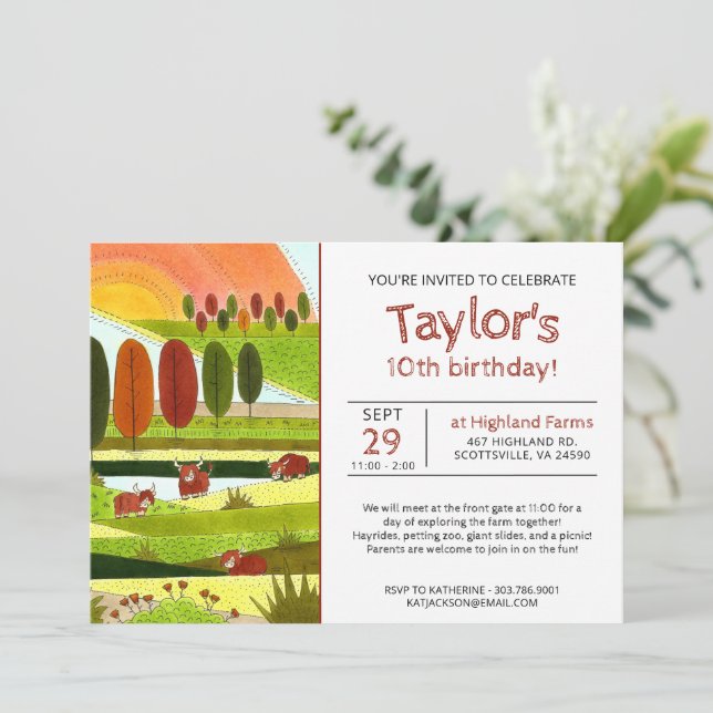 Kids Highland Cows Fall Farm Birthday Party Invita Invitation (Standing Front)