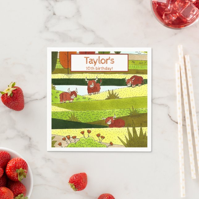 Kids Highland Cows Fall Farm Birthday Party Napkin (Insitu)
