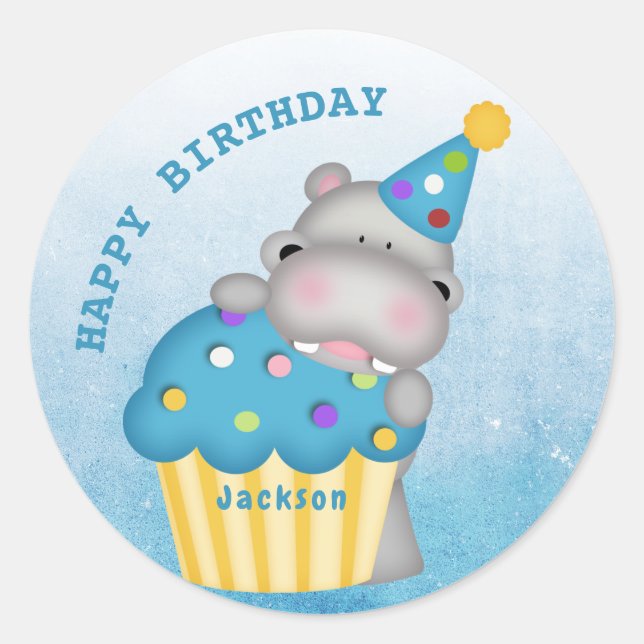 Kids Hippo Birthday Cupcake Sprinkles Personalised Classic Round Sticker (Front)