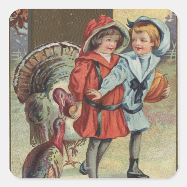 Kids Holding a Pumpkin, Turkeys Square Sticker (Front)