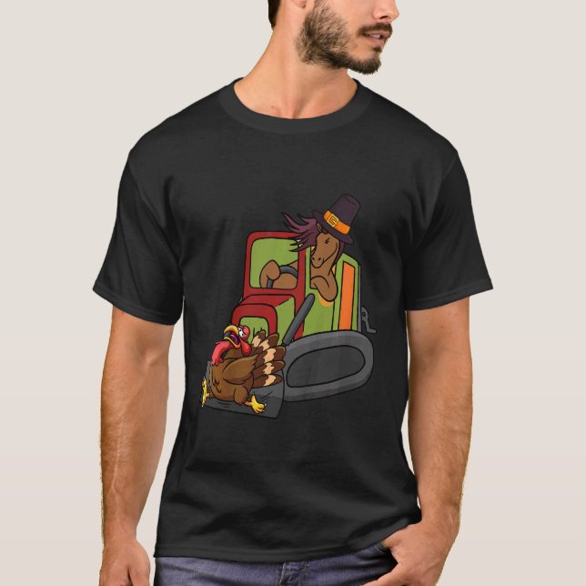 Kids Horse Riding Bulldozer Turkey Thanksgiving Da T-Shirt (Front)