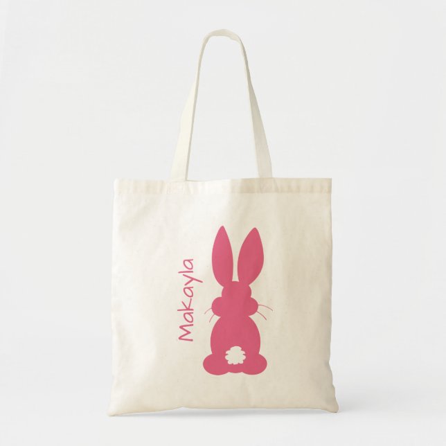 Kids Hot Pink Bunny Silhouette Easter Personalised Tote Bag (Front)