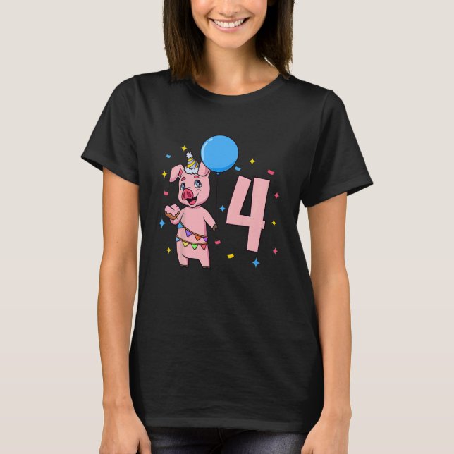 Kids I am 4 with pig  kids birthday 4 years old T-Shirt (Front)