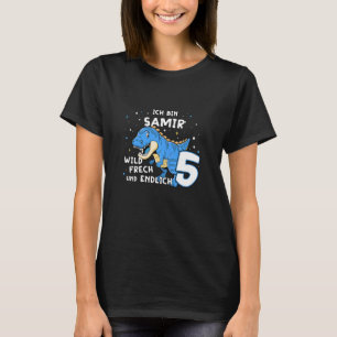 Kids I am Samir finally 5 Blue Dino TRex Kids Germ T-Shirt