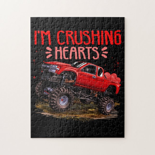 Kids I Crush Hearts Monster Truck Valentines Day Jigsaw Puzzle (Vertical)