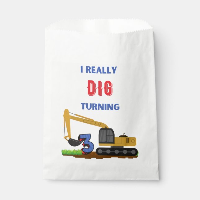 Kids I Really Dig Turning 3 Excavator  Favour Bags (Front)