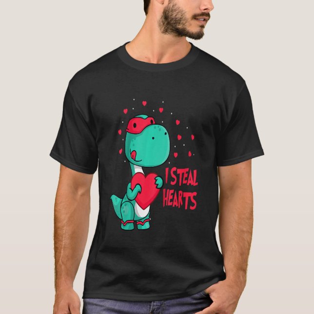 Kids I Steal Hearts Valentines Day Cute Dinosaur B T-Shirt (Front)