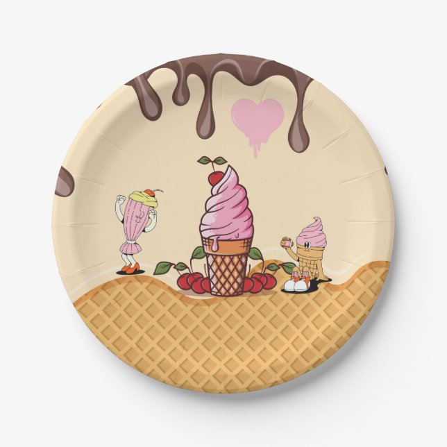 Kid's Ice Cream Cone Party Ice Cream Characters Paper Plate (Front)