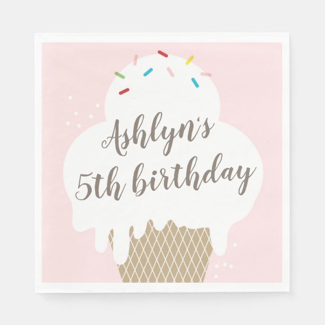 Kids Ice Cream Cone Pink Birthday Party Napkin (Front)
