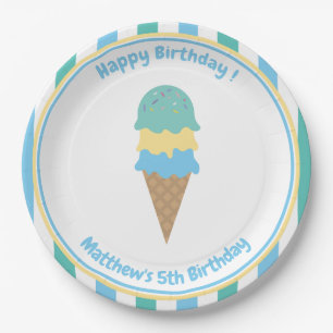 Kid's Ice Cream  Party Blue Green Stripes Paper Plate