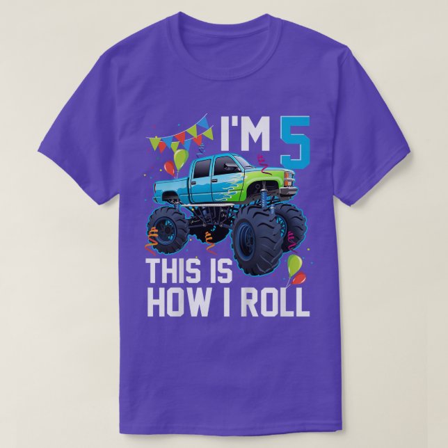 Kids I'm 5 This Is how I Roll Monster Truck 5th Bi T-Shirt (Design Front)