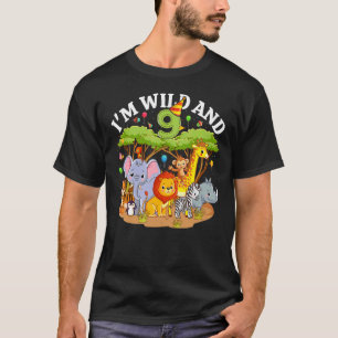Kids I'm Wild And 9 Zoo Theme 9th Birthday Safari T-Shirt