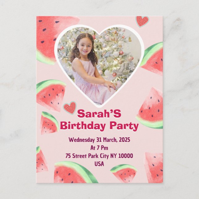 kids invitation birthday party (girl) watermelon postcard (Front)