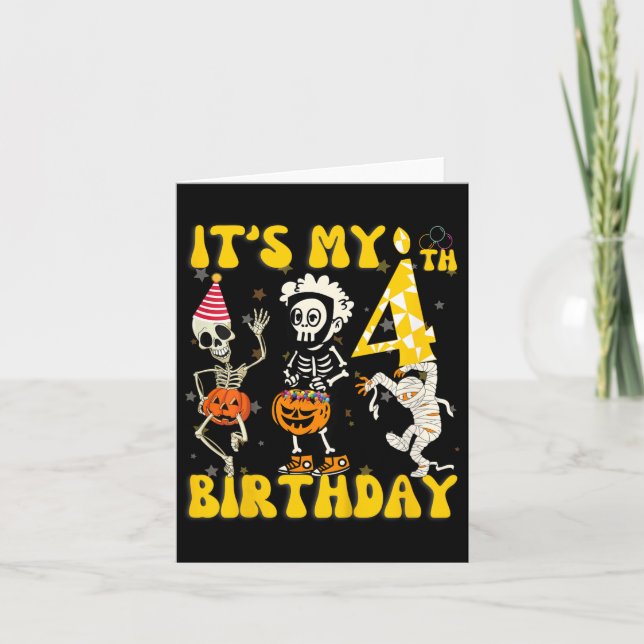 Kids It's My 4th Birthday Boy Funny Skeleton Pumpk Card (Front)