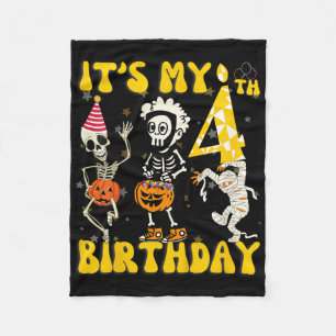 Kids It's My 4th Birthday Boy Funny Skeleton Pumpk Fleece Blanket