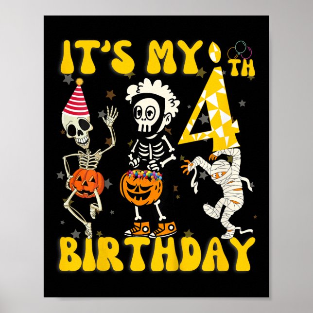 Kids It's My 4th Birthday Boy Funny Skeleton Pumpk Poster (Front)