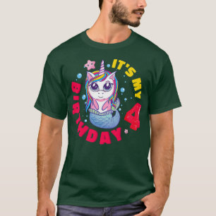 Kids It's My 4th Birthday Happy 4 Year Unicorn Mer T-Shirt