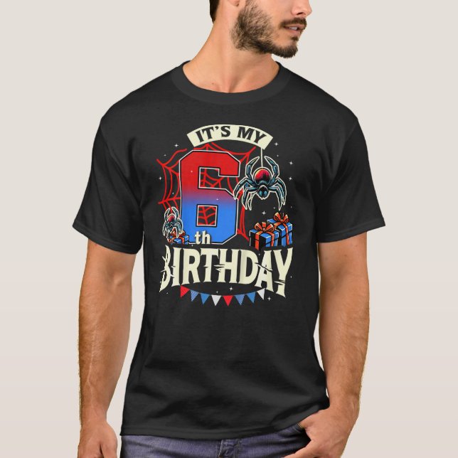 Kids It's My 6th Birthday Spider Theme Party 6 Yea T-Shirt (Front)
