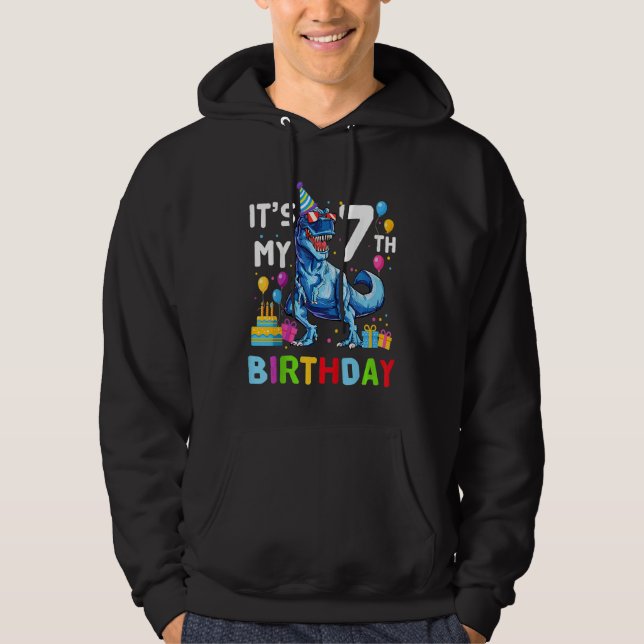 Kids It's My 7th Birthday Boy Happy 7 Year Dinosau Hoodie (Front)