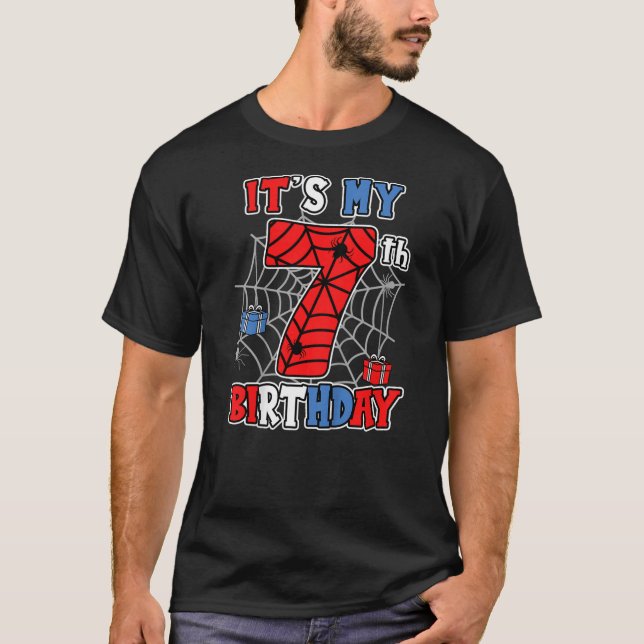 Kids It's My 7th Birthday Spider Theme Party 7 Yea T-Shirt (Front)