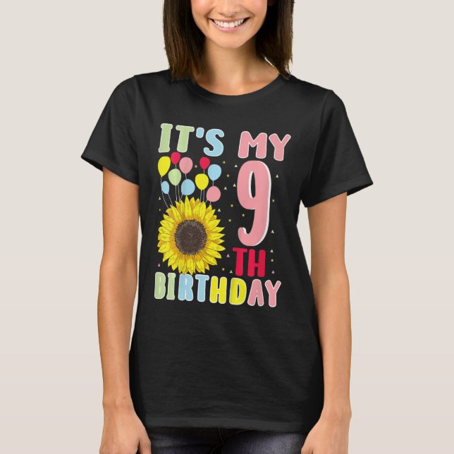 Kids It's My 9th Birthday Sunflower 9 Years Old Bi T-Shirt (Front)