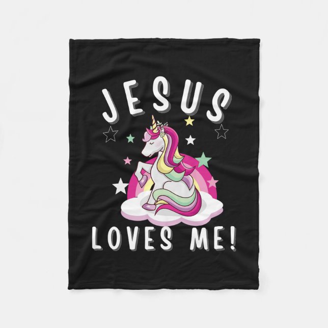 Kids Jesus Loves Me Christian Girls Unicorn Fleece Blanket (Front)
