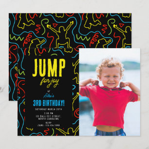 Kids Jump for Joy Black Neon Birthday Kids Photo Invitation