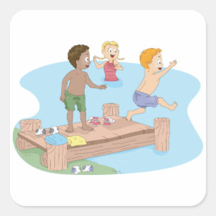 Kids Jumping Into Lake Summer Swimming Square Sticker