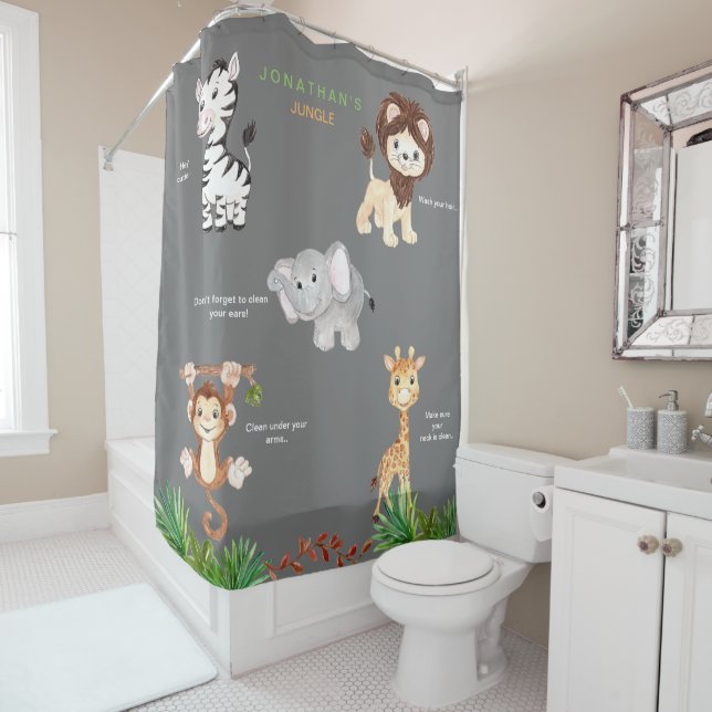 Kid's Jungle Animals Funny Custom Name Shower Curtain (In Situ)