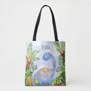 Kids Jungle Watercolor Dinosaur with Name Boys Tote Bag