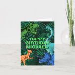 Kids Jurassic Dino Dinosaur Customisable Birthday Card<br><div class="desc">This dinosur design is great for the birthday boy in your life. Give them a dino-mite bday with this dino themed design featuring a trex,  triceratops,  brontosaurus,  and kidnapper.</div>