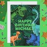 Kids Jurassic Dino Dinosaur Personalised Birthday Card<br><div class="desc">This dinosur design is great for the birthday boy in your life. Give them a dino-mite bday with this dino themed design featuring a trex,  triceratops,  brontosaurus,  and kidnapper.</div>