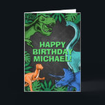Kids Jurassic Dino Dinosaur Personalised Birthday Card<br><div class="desc">This dinosur design is great for the birthday boy in your life. Give them a dino-mite bday with this dino themed design featuring a trex,  triceratops,  brontosaurus,  and kidnapper.</div>