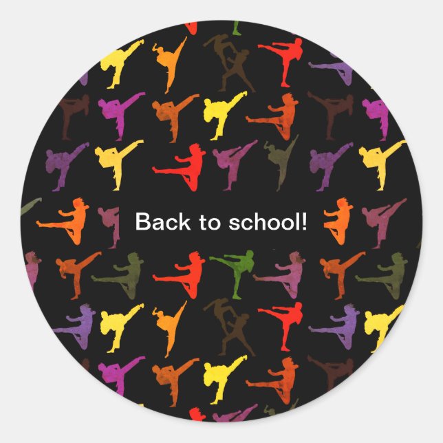Kids Karate Kick Black Martial Arts Back to School Classic Round Sticker (Front)