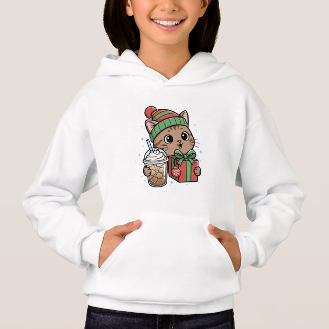 Kids' Kawaii Christmas Cat & Iced Latte Pullover (Front)