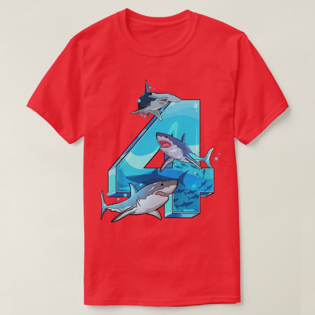Kids Kids 4th Birthday 4 Years Old Shark Boys Sea  T-Shirt (Design Front)