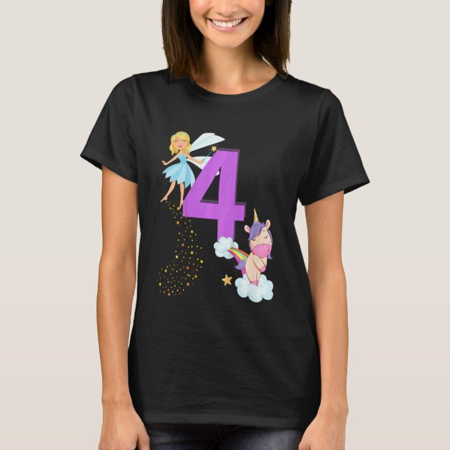 Kids Kids Fairy Birthday Party 4 Years Theme Unico T-Shirt (Front)