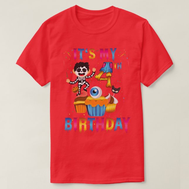 Kids Kids It's My 4th Birthday Ghost Skeleton Hall T-Shirt (Design Front)