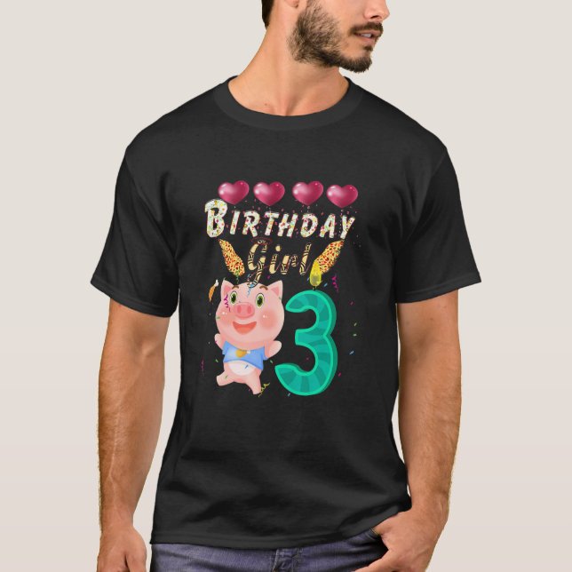 Kids Kids Kids 3 Year Old Pig Birthday Girl Cute 3 T-Shirt (Front)