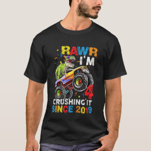 Kids Kids TRex Dinosaur Monster Truck 4th Birthday T-Shirt
