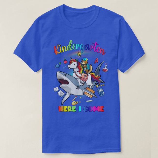 Kids Kindergarten Here I Come Cute Unicorn Shark  T-Shirt (Design Front)